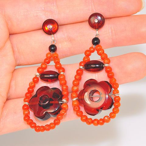 Sterling Silver Baltic Cherry Amber and Coral Bead Flower Stud Earrings