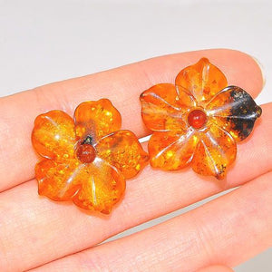 Sterling Silver Baltic Honey Amber Flower Stud Earrings