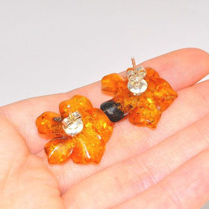 Sterling Silver Baltic Honey Amber Flower Stud Earrings