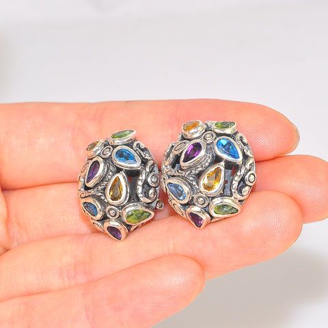 Sterling Silver Multi-Stone Amethyst and Blue Topaz Stud Earrings