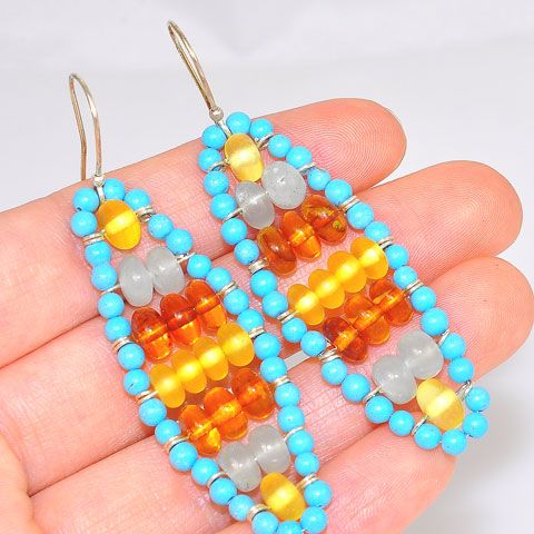 Sterling Silver Beaded Turquoise, Aquamarine, Baltic Honey and Butterscotch Amber Oval Earrings