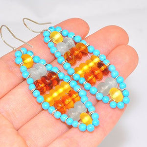 Sterling Silver Beaded Turquoise, Aquamarine, Baltic Honey and Butterscotch Amber Oval Earrings