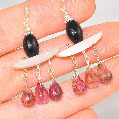 Sterling Silver Onyx, Mother of Pearl and Pink Tourmaline Earrings