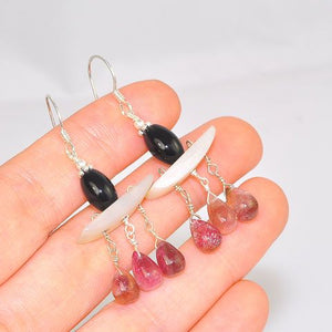 Sterling Silver Onyx, Mother of Pearl and Pink Tourmaline Earrings