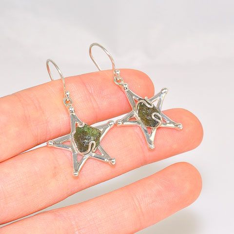Sterling Silver 3.4-Carats Moldavite Magestic Star Earrings