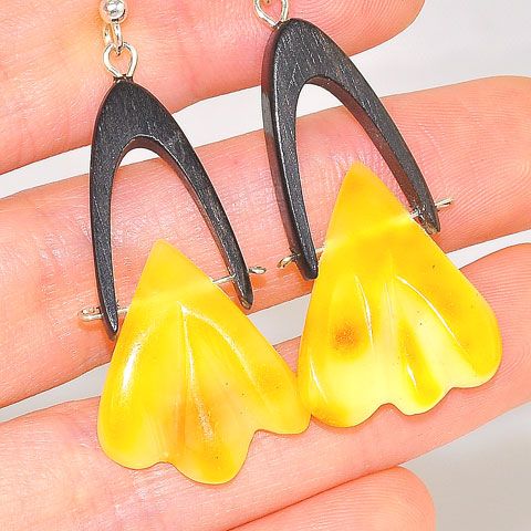 Sterling Silver Baltic Butterscotch Amber and Ebony Wood Earrings