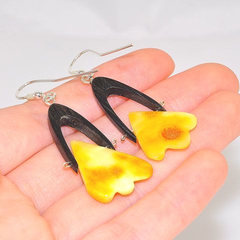 Sterling Silver Baltic Butterscotch Amber and Ebony Wood Earrings