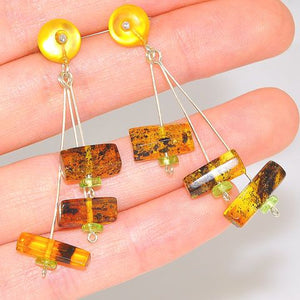 Sterling Silver Baltic Raw Amber, Baltic Butterscotch Amber and Peridot Stud Earrings