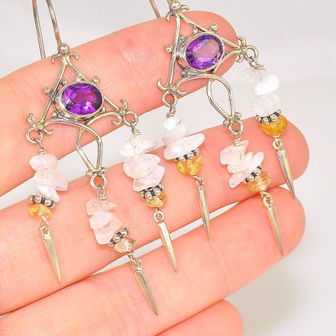 Sterling Silver Moonstone Chip, Amethyst and Citrine Intricate Earrings