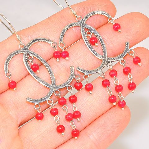 Sterling Silver Double C Coral Beaded Earrings