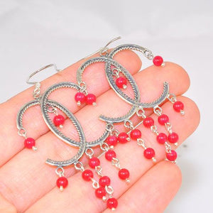 Sterling Silver Double C Coral Beaded Earrings
