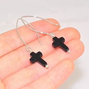 Sterling Silver Black Onyx Cross Earrings
