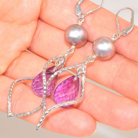 Sterling Silver Amethyst and Pearl Spiral Earrings