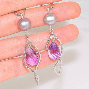Sterling Silver Amethyst and Pearl Spiral Earrings