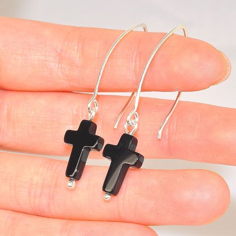 Sterling Silver Onyx Cross Hook Earrings