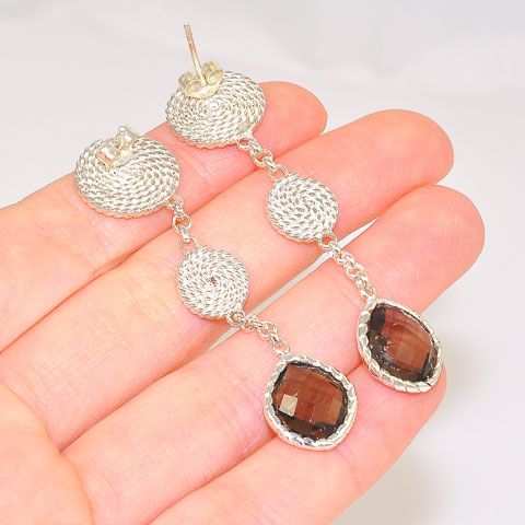 Sterling Silver Wire Braid Disc and Smokey Quartz Dangling Stud Earrings