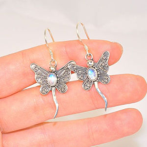 Cute Sterling Silver Moonstone Dragonfly Hook Earrings