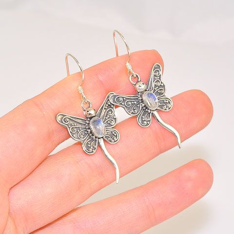 Cute Sterling Silver Moonstone Dragonfly Hook Earrings