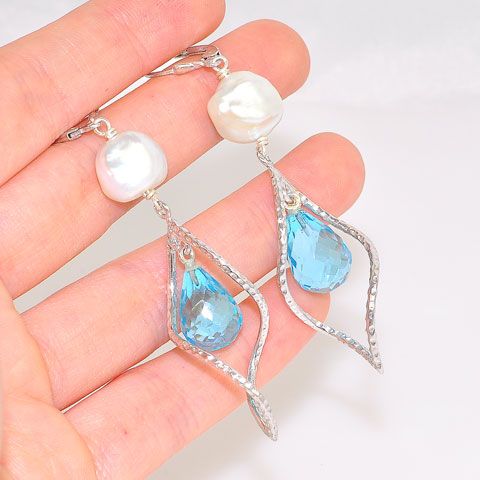 Sterling Silver Blue Topaz and Freshwater Pearl Spiral Earrings