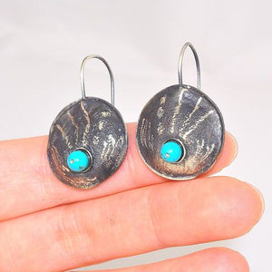 Oxidized Sterling Silver Turquoise Tribal Circle Hook Earrings