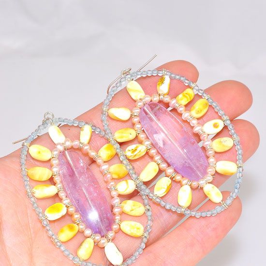 Sterling Silver Baltic Butterscotch Amber, Aquamarine, Amethyst and Pearl Oval Earrings