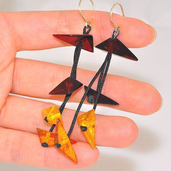 Sterling Silver Baltic Honey and Cherry Amber Pyramid Triangle Threaded Dangling Earrings
