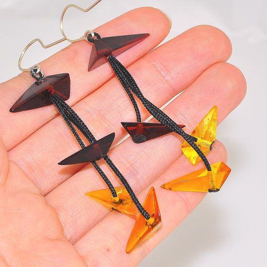 Sterling Silver Baltic Honey and Cherry Amber Pyramid Triangle Threaded Dangling Earrings
