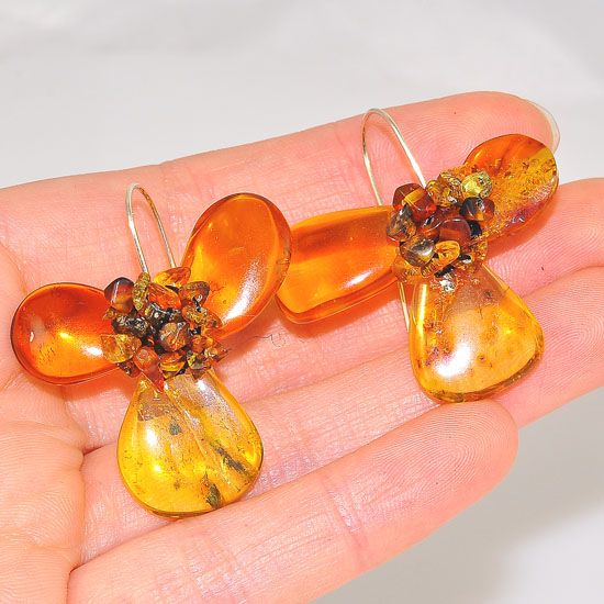 Sterling Silver Baltic Honey Amber Flower Earrings