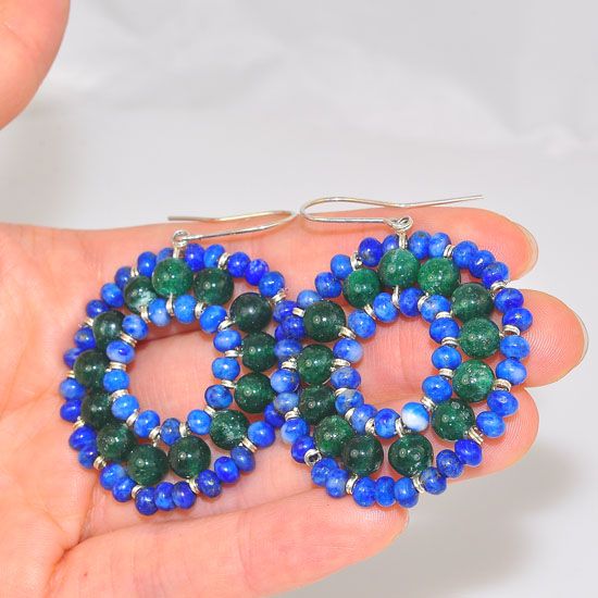 Sterling Silver Lapis Lazuli and Green Onyx Beaded Circle Earrings