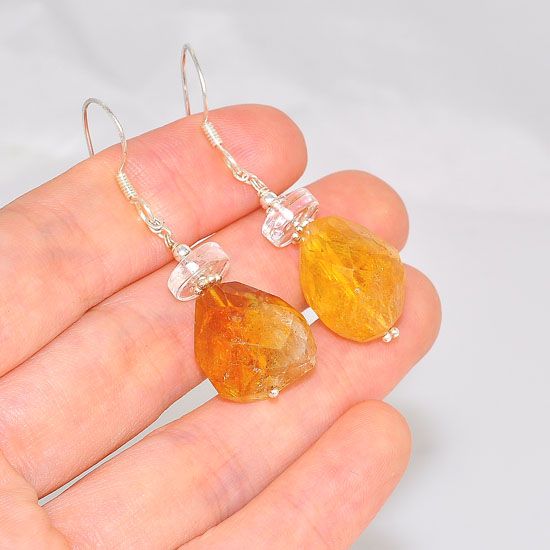 Sterling Silver India Citrine Nugget and Crystal Earrings