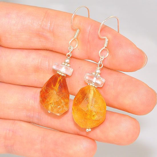Sterling Silver India Citrine Nugget and Crystal Earrings