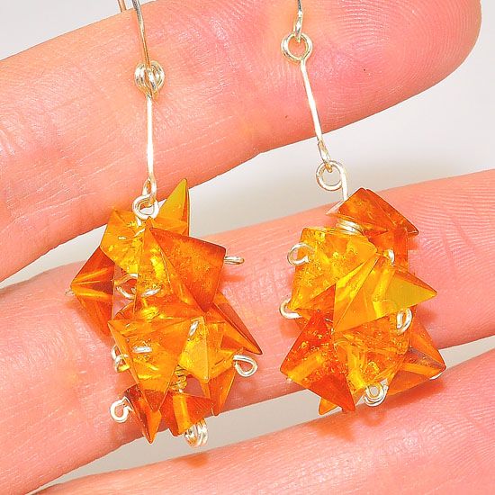 Sterling Silver Baltic Honey Amber Triangle Cluster Earrings