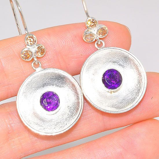 Sterling Silver India Amethyst and Citrine Gemstone Indented Medallion Earrings