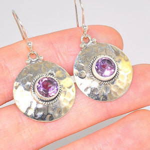 Sterling Silver India Amethyst Hammered Medallion Earrings