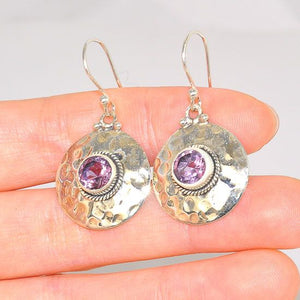 Sterling Silver India Amethyst Hammered Medallion Earrings