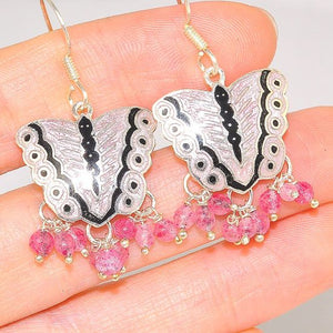 Sterling Silver India Pink Tourmaline Butterfly Dangling Earrings