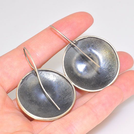 Oxidized Sterling Silver Sea Bamboo Slice Oversized Medallion Hook Earrings
