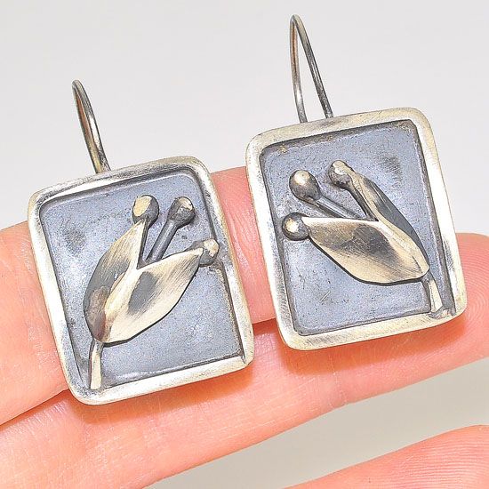 Oxidized Sterling Silver Carved Tulip Square Framed Hook Earrings