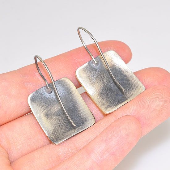 Oxidized Sterling Silver Carved Tulip Square Framed Hook Earrings