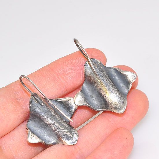 Oxidized Sterling Silver Wavy Plated and Sea Bamboo Bar Hook Earrings