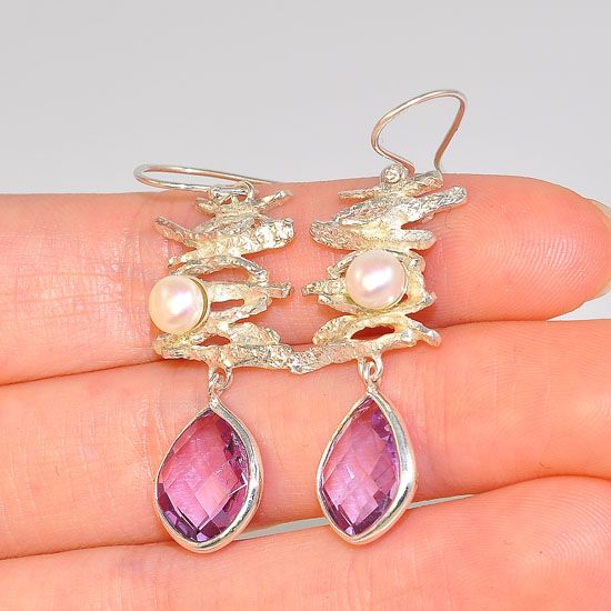 Sterling Silver Scattered Driftwood Freshwater Pearl and Amethyst Dangling Earrings