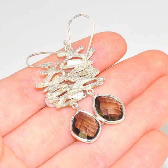 Sterling Silver Scattered Driftwood Freshwater Pearl and Smokey Quartz Dangling Earrings