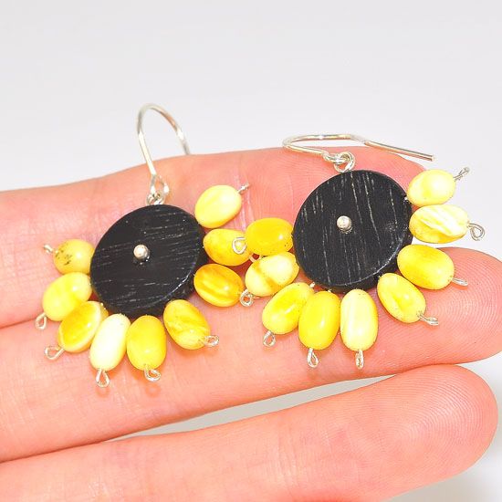 Sterling Silver Ebony Wood and Baltic Butterscotch Amber Tribal Earrings