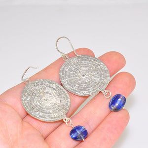 Sterling Silver Hammered Swirl Medallion and Kyanite Bead Earrings