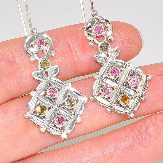Sterling Silver Patterend Multicolored Tourmaline Exotic Earrings