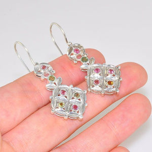 Sterling Silver Patterend Multicolored Tourmaline Exotic Earrings