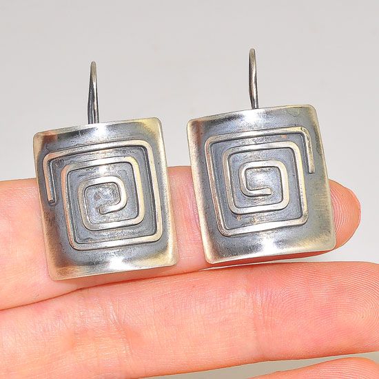 Oxidized Sterling Silver Geometric Maze Plate Hook Earrings