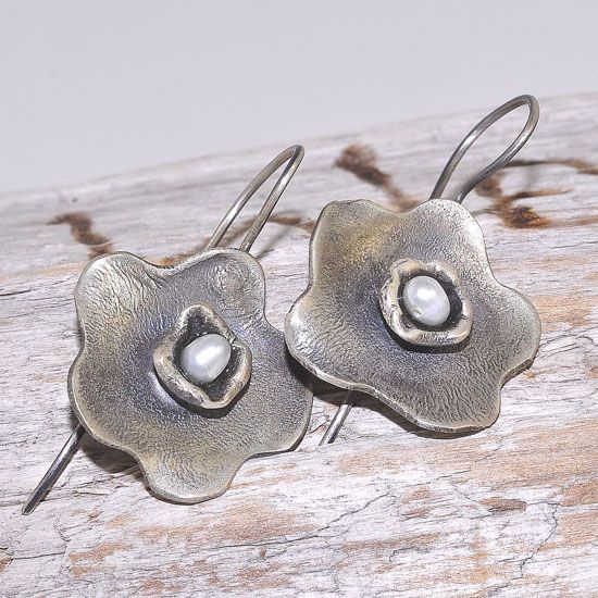 Oxidized Sterling Silver Pearl Centered Flower Hook Earrings