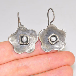 Oxidized Sterling Silver Pearl Centered Flower Hook Earrings