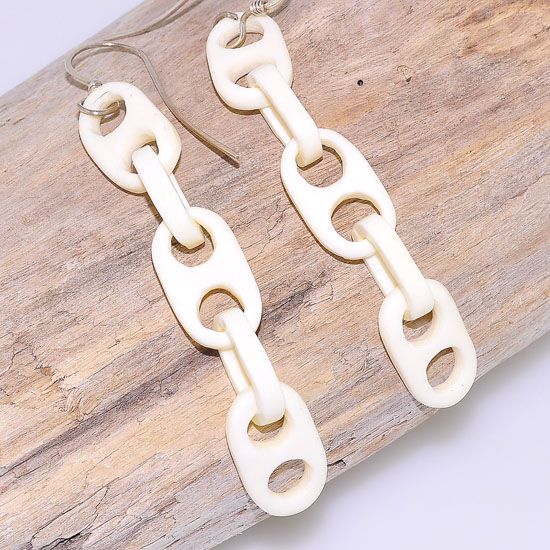 Sterling Silver Fossil Cow Bone Chain Link Dangling Earrings